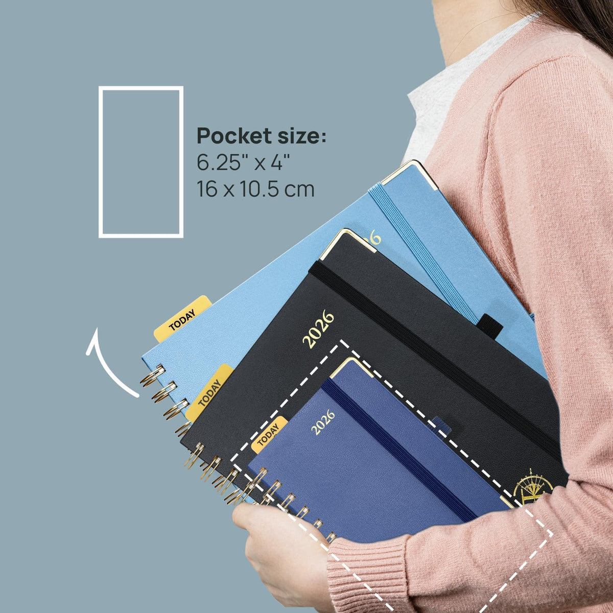 POPRUN 2026 Planner (Pocket Size 4''x 6.25'' Wire-Bond Hard Cover) Calendar Weekly and Monthly (Jan.2026-Dec.2026) Small Planner with Hourly Time Slots, for Purse, 100 GSM - Navy Blue