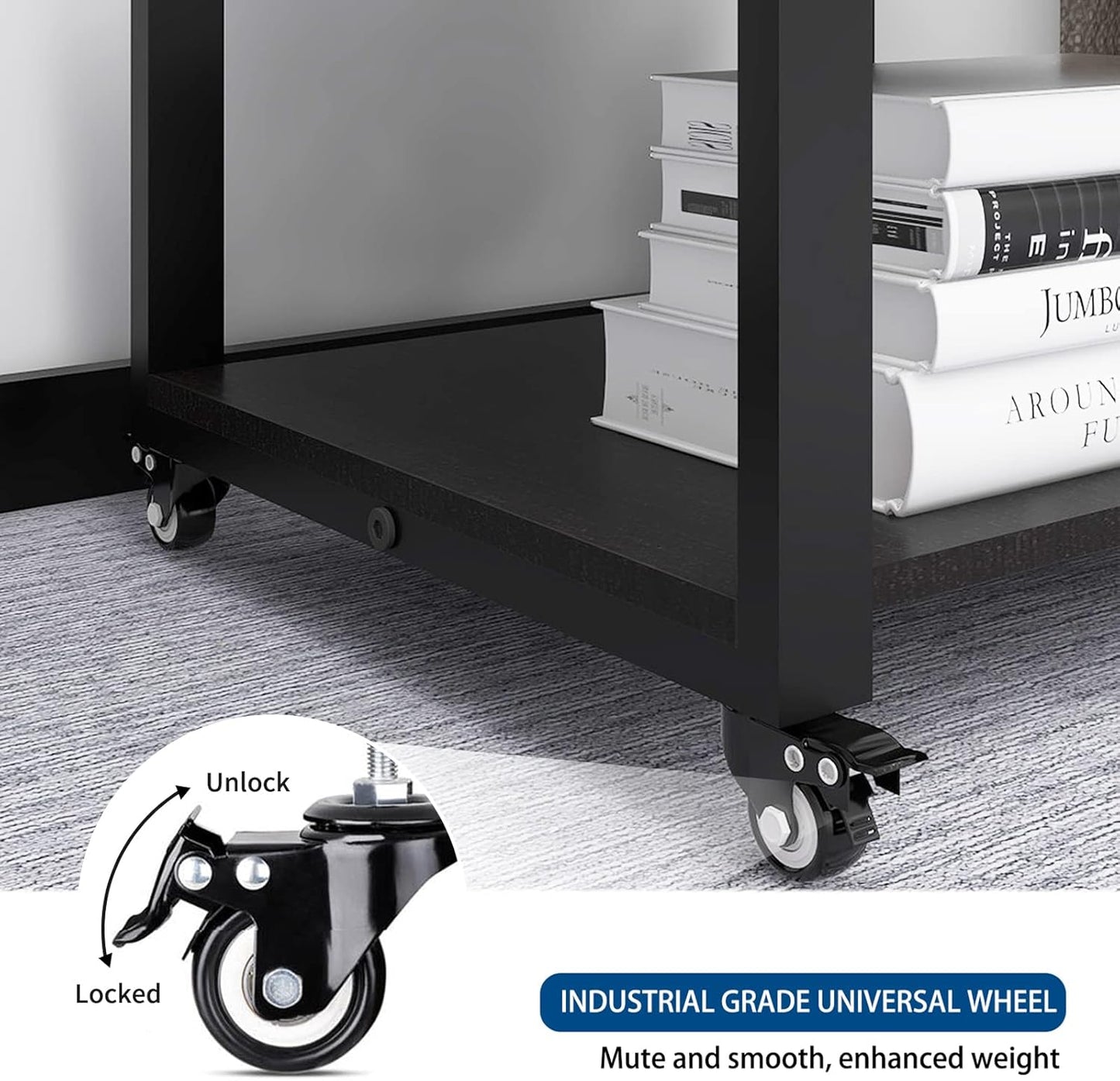 Natwind 2 Tiers Office Movable Laser Printer Copier Stand Cart Under Desk Heavy Duty Dark Brown Rolling Table with Storage Floor-Standing Holder on Wheels Fax Paper Organizer Shelf for Home (Black)