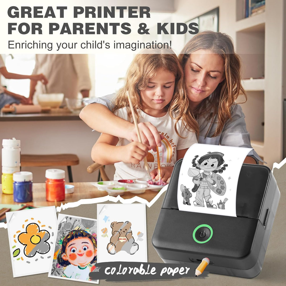 Print Pods Mini Printer, Thermal Inkless Sticker Maker with 10 Rolls Printing Paper, Pocket Printpod for phone, Impresora Portátil for Notes, Flashcards, Journal, DIY, Compatible with iOS & Android