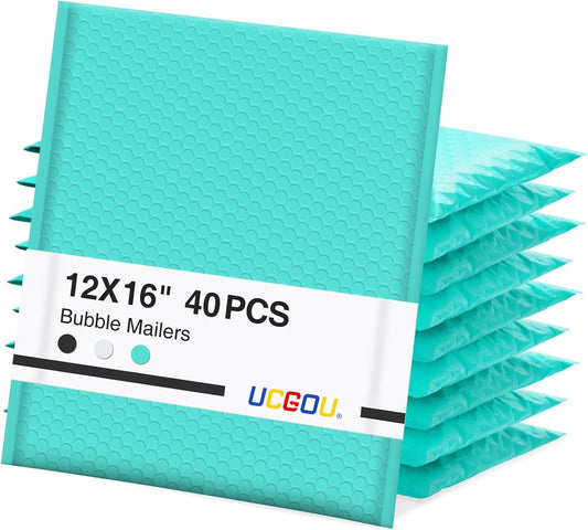 UCGOU Bubble Mailers 12x16 Inch 40 Pack Usable Size 12x15 Inch Large Padded Envelopes Teal Waterproof Packaging Bags for Shipping Self Seal Strong Adhesion Envelopes for Jewelry Makeup Supplies