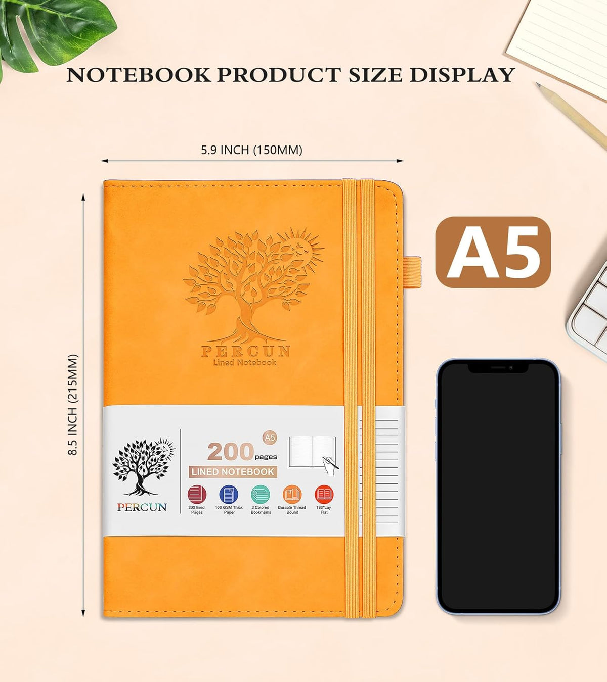 Lined Journal Notebook for Men & Women,200 Pages A5 Hardcover Leather Notebook (5.9"x8.5"), Travel Journal for Work, School, Business Writing, Note Taking, Notepad Diary (Yellow)
