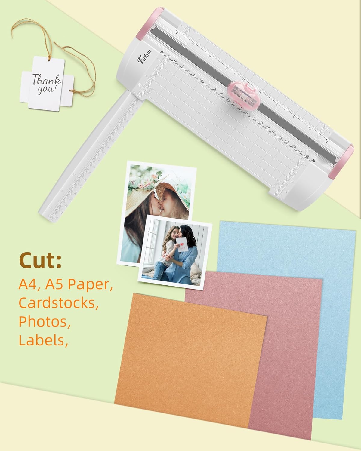 Firbon 3-in-1 Paper Cutter, 9" Compact A5 Paper Trimmer with Straight Cut, Scoring & Perforating Blades for Cardstock, Scrapbooking, Crafting, Labels & Home Office (Pink)