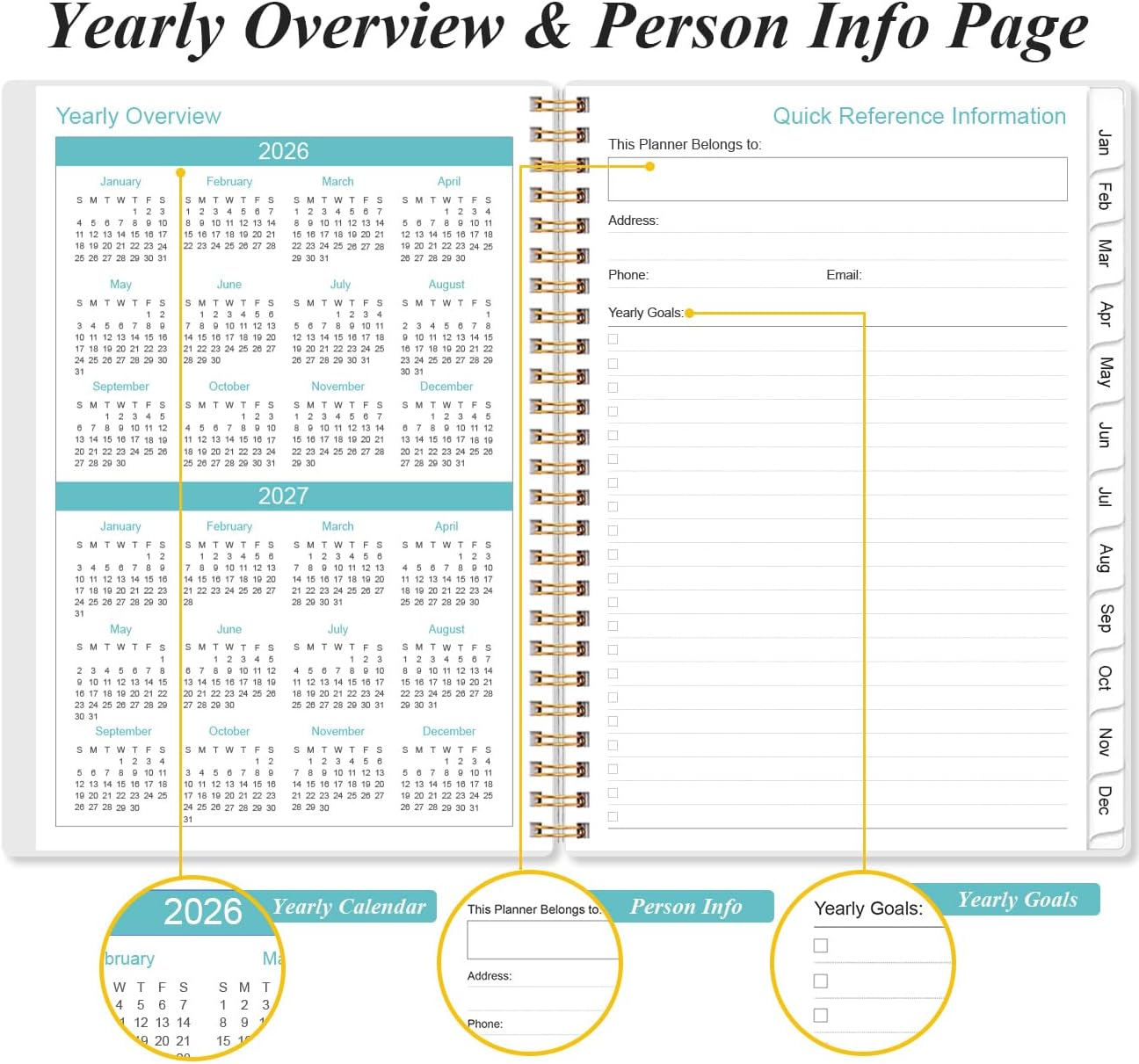 2026 Planner - Academic Planner 2026 from January 2026 - December 2026, Weekly & Monthly Planners Spiral Bound with 12 Monthly Tabs, Inner Pocket, 6.4" x 8.5", Beige