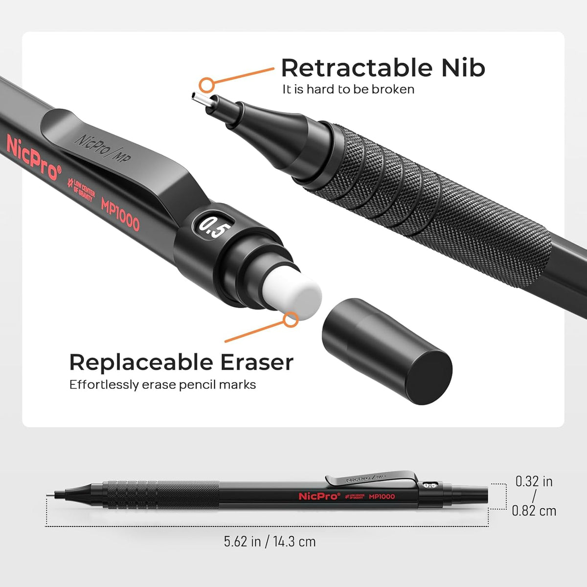 Nicpro 0.5 mm Mechanical Pencils Set with Case, 3 Metal Artist Pencil With 480PCS HB Lead Refills, 3 Erasers,9 Eraser Refills For Architect Art Writing Drafting, Drawing, Engineering, Sketching, Black