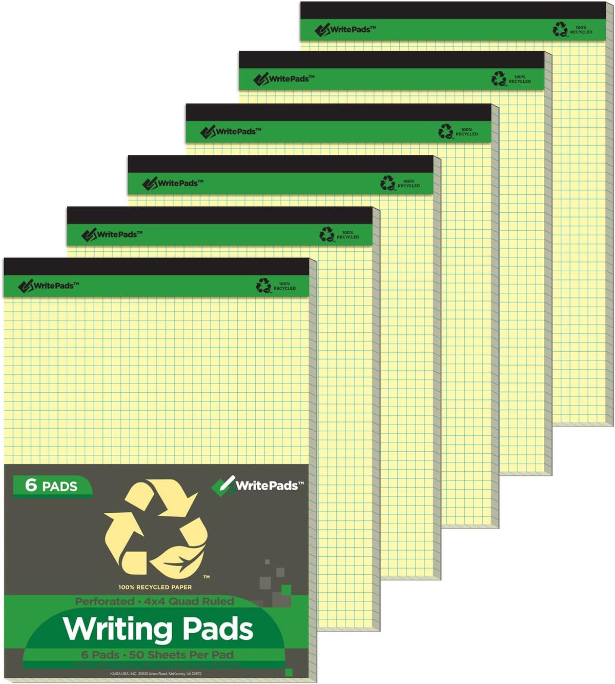 KAISA Graph Paper Legal Pads Writing Pads Recycled Paper 8.5"x11.75" Quad Ruled 4x4 Perforated 50 sheets/pad Grid Paper Yellow Notepads Writing Tablet For Office Supplies (Canary 6pad, 8.5x11.75'')