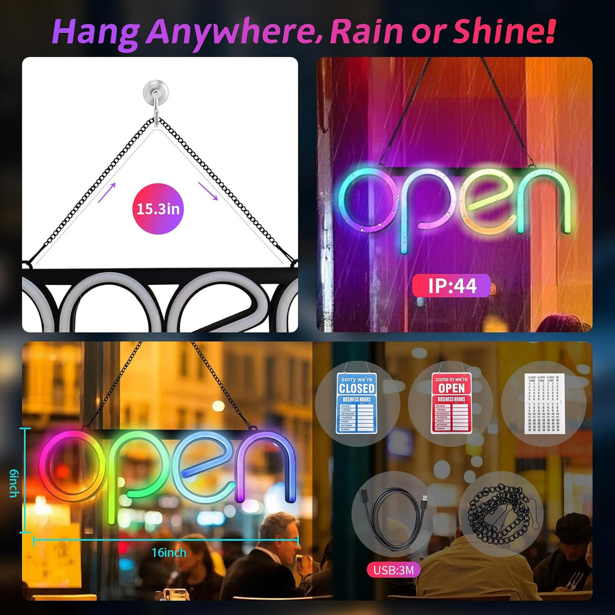 OPEN Neon Sign with APP Control 16X6 inch Bluetooth Smart LED Business Sign, Open Sign Led USB Powered Adjustable Brightness & Color