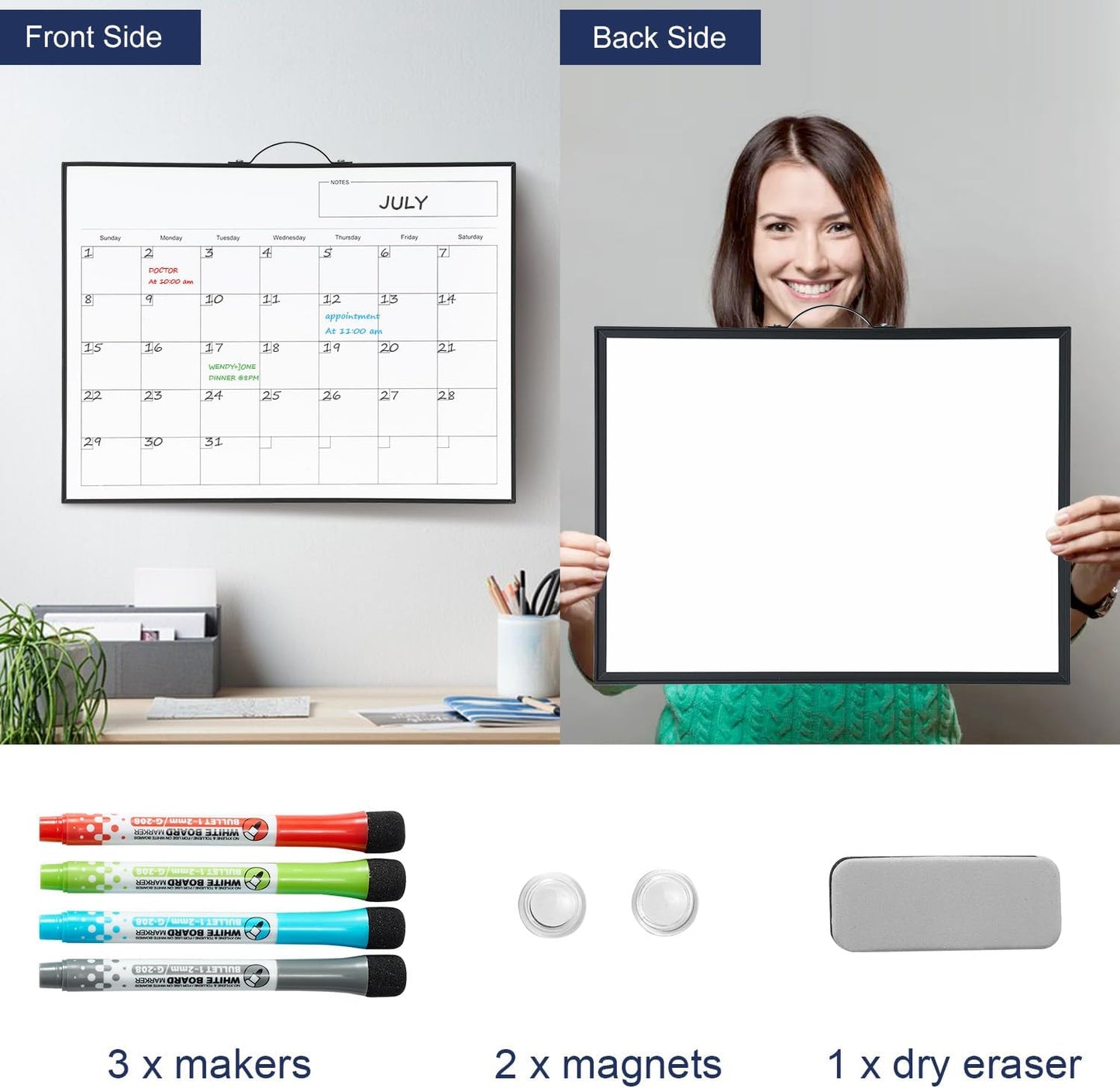 TSJ OFFICE White Board Calendar - 12 X 16 Inches Magnetic Dry Erase Board Monthly Calendar, Double Sided Whiteboard with a Handle, to Do List Notepad for Office, Home, School, Black Aluminum Frame
