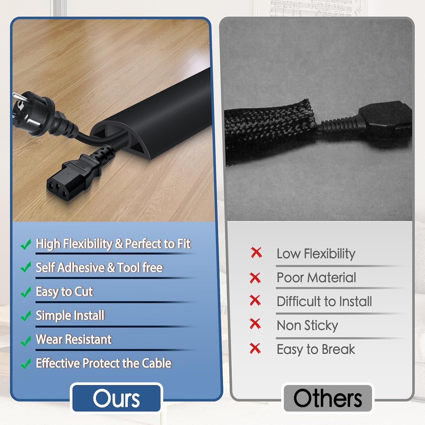 Floor Cord Cover for Wires on Floor Self Adhesive Cord Hider Floor Cable Management Wire Covers for Cords Protector Prevent Cable Trips Cord Cavity W 0.51" x H 0.31", Black, 10Ft