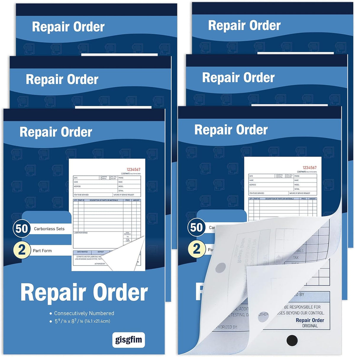 gisgfim 6 Pad Repair Order Book 2 Part Carbonless Receipt Books Consecutively Numbered with Claim Check Stub Invoice Receipts Book Work Order Form Receipt Book Orders for Small Business 50 Set per Pad