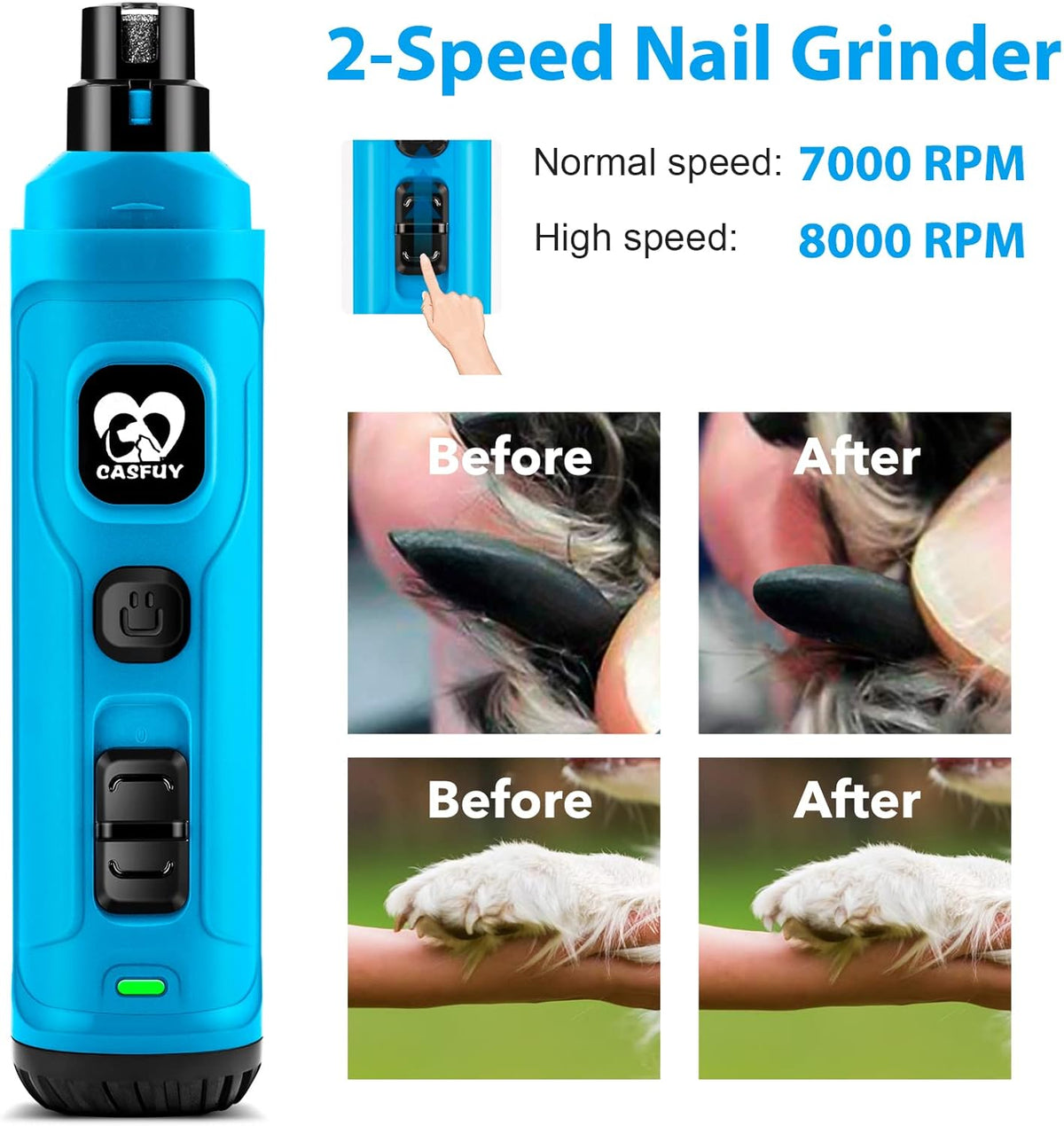 Casfuy Dog Nail Grinder with 2 LED Light - New Version 2-Speed Powerful Electric Pet Nail Trimmer Professional Quiet Painless Paws Grooming & Smoothing for Small Medium Large Dogs(Bright Blue)