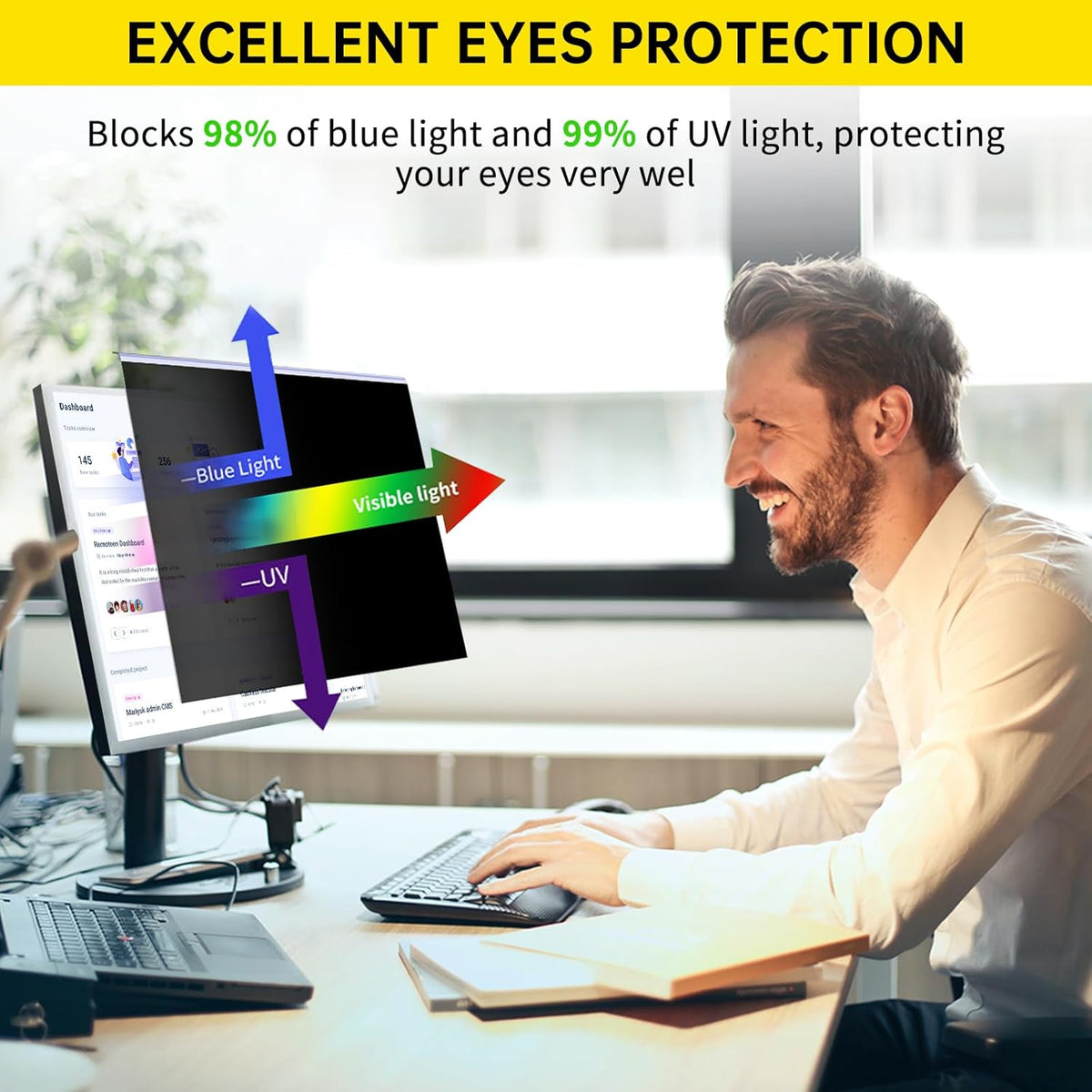 21.5 Inch Computer Privacy Screen for 16:9 Widescreen Monitor, Anti-Blue Light Monitor Privacy Screen Filter, Anti-UV Computer Shield