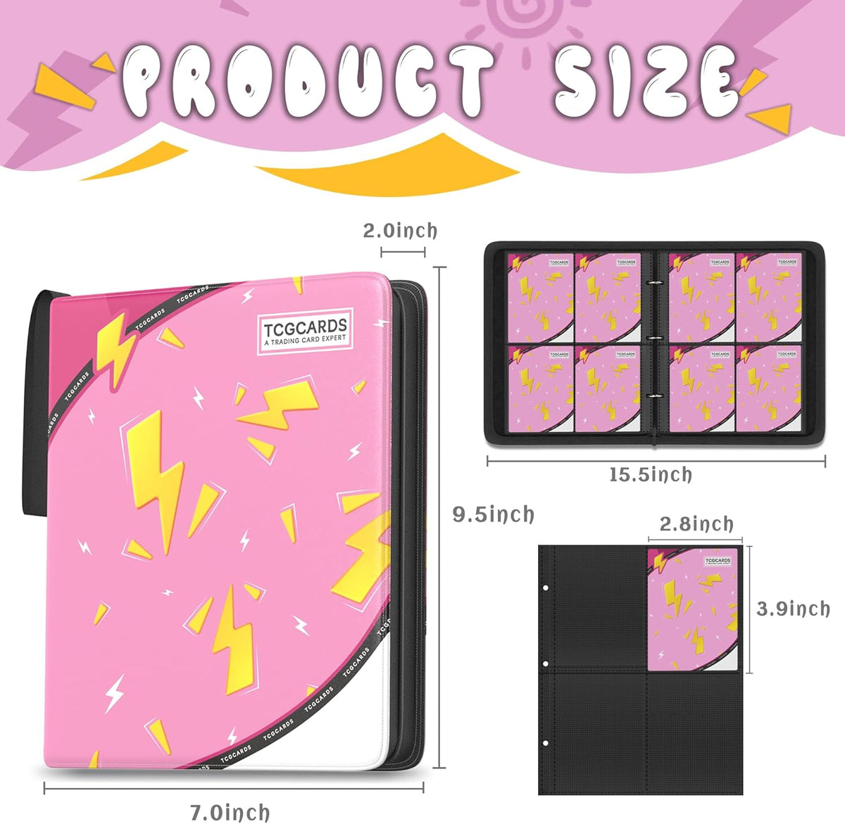 Trading Card Binder 4 Pocket，Card Binder 400 Pockets Card Book Holder Cards with 50 Removable Sleeves，3-Ring Zip Design MTG/TCG/Sport Collectible Trading Card Albums Gifts for Boys and Girls (Pink)