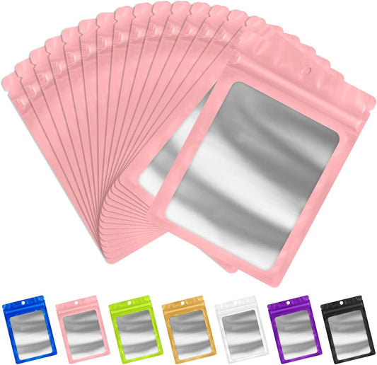 FUNFERY 100 Pack Mylar Resealable Bags Foil Packaging Bags with Clear Window,Zipper Pouch Smell Proof Bag for Food Storage,Cookies,Sample,Small Business(Pink,7x10inch)