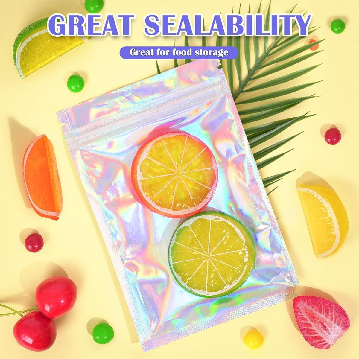 300 Pcs Mylar Bags, Smell Proof Bags Foil Pouch, Holographic Resealable Bags for Small Business, Candy Sample Jewelry Bag Sealable Packaging for Party Favor Food Storage (3x5in)
