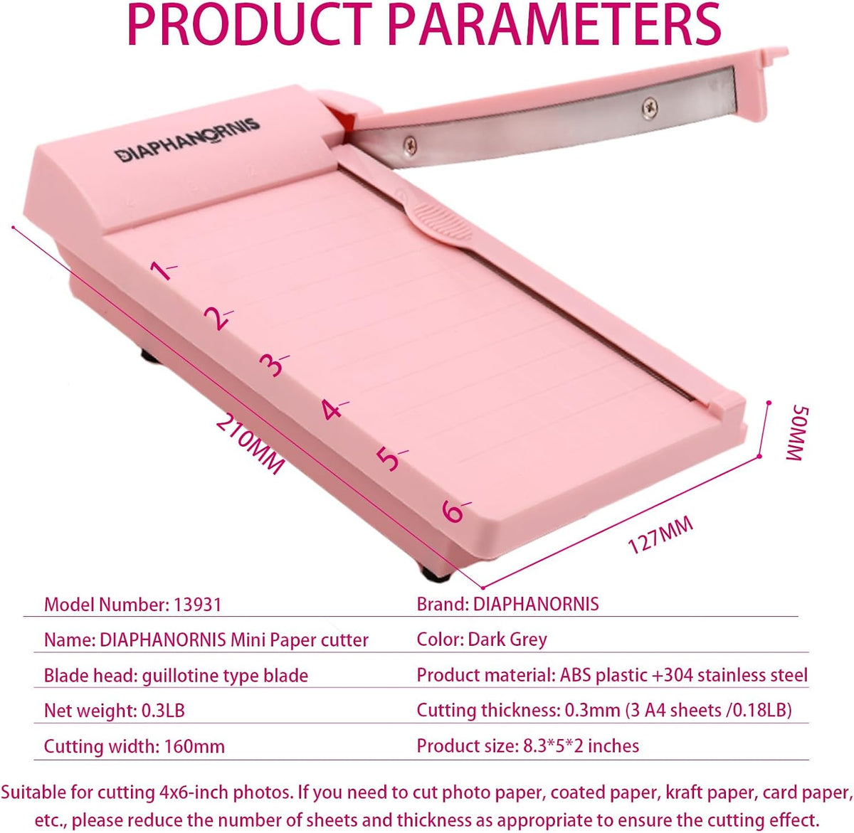 Mini Paper Trimmer, Guillotine Compact Paper Cutter, 1/4-Inch Grid for Precision Cutting, Straight Cuts Up to 3 Sheets, Perfect for Photos,Coupons,Card Making and Small Craft Projects (Pink)