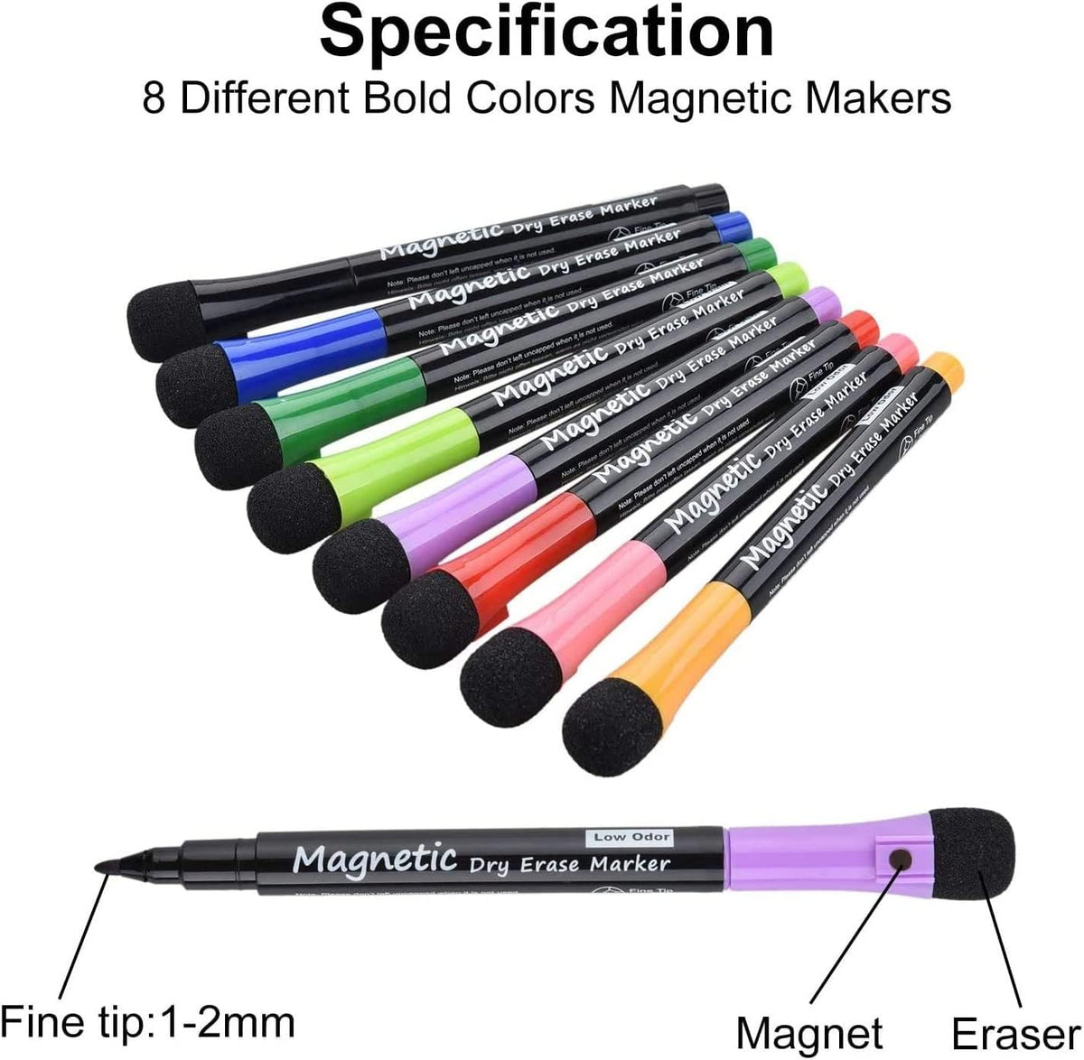 Magnetic Dry Erase Markers - Fine Tip, Assorted Colors, 8 Pack, Low Odor Whiteboard markers for kids, Work On White board & Calendar, Refrigeratorr