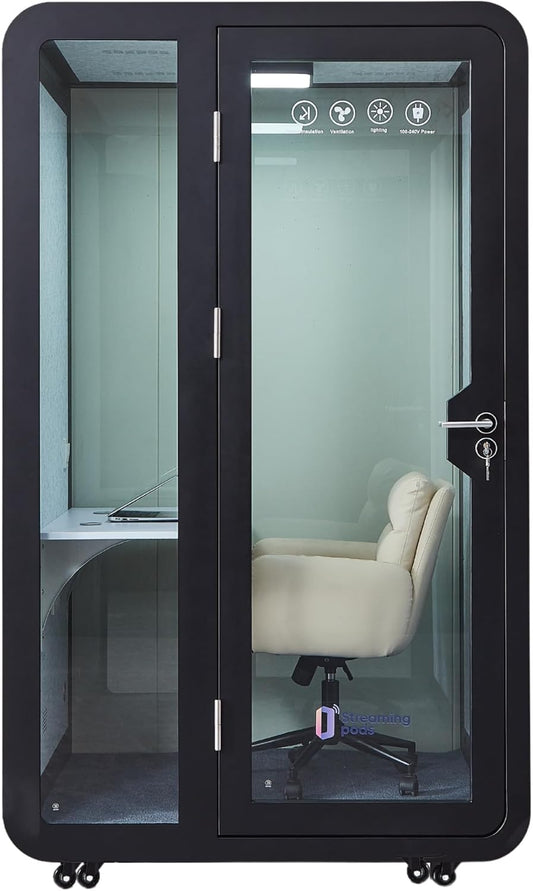GEARONIC Solo Office Sound Booth Pod Audio Privacy, Mobile Roller with Desk, LED Light, Fans and AC USB Ports (Black Obsidian)