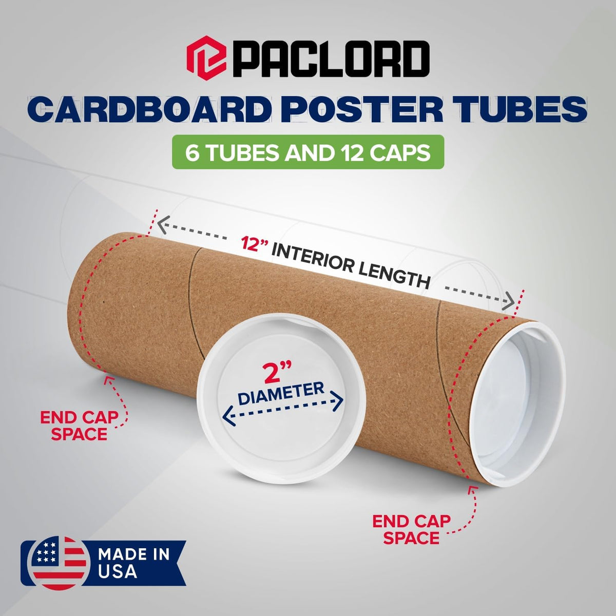 2" x 12" Reinforced Kraft Paper Mailing Tubes, Pack of 6 Tubes with 2 Caps Each – USPS Approved Poster Tube – Made in USA Cardboard Tube for Shipping and Storing Posters, Prints, Artwork, or Documents