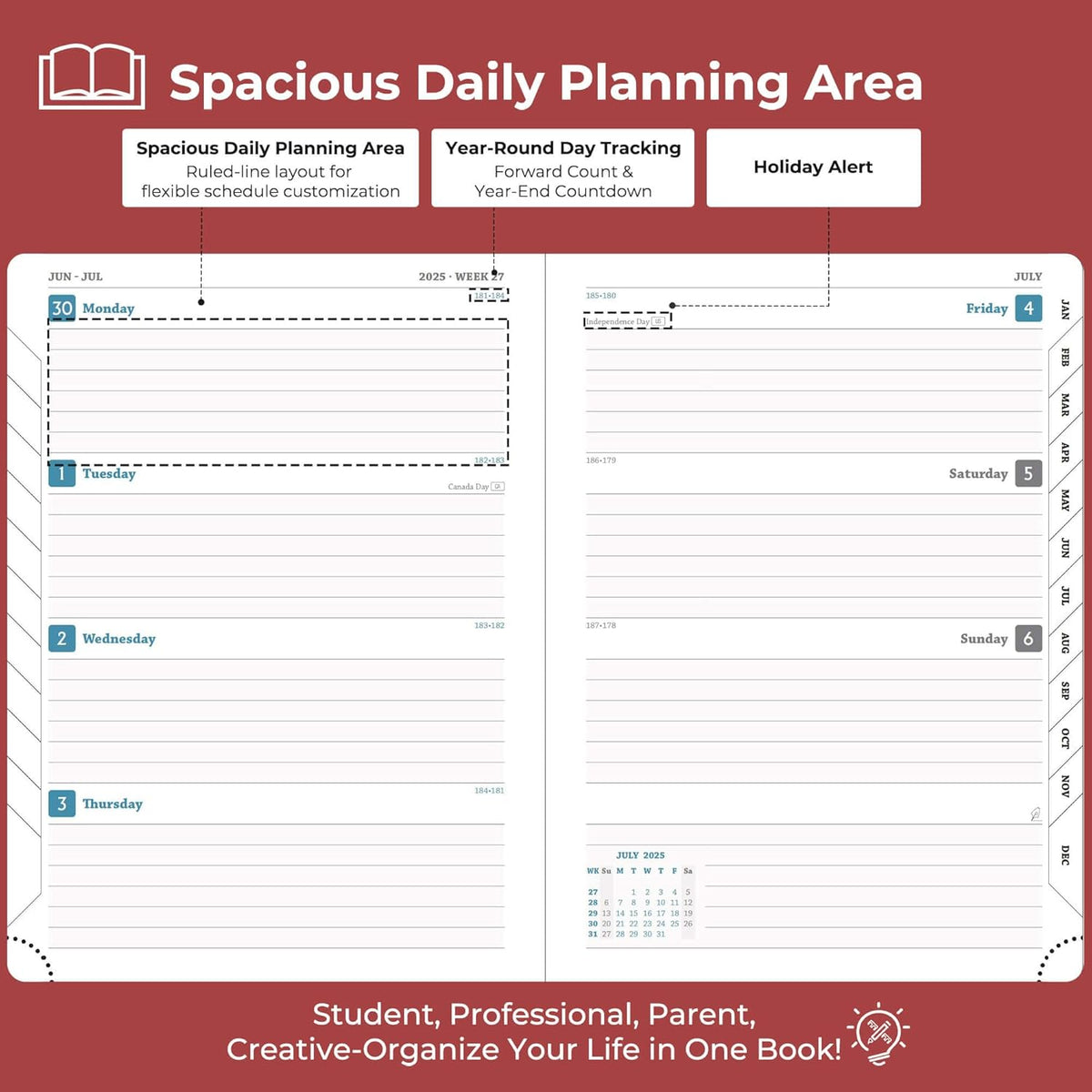Planner 2025-2026 Daily Weekly and Monthly,11.5"x8.5",18 Months Spiral Bound Calendar Agenda with Self-adhesive Pen Holder,2026 Academic Plan with Vegan Leather Soft Cover,Red