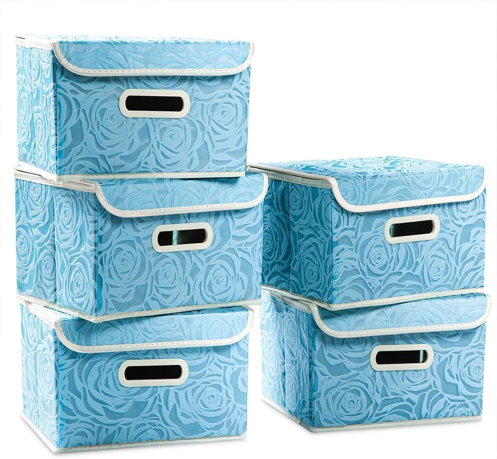 PRANDOM Collapsible Storage Boxes with Lids [5-Pack] Fabric Decorative Storage Bins Cubes Organizer Containers Baskets with Cover Handles Divider for Bedroom Closet Living Room Blue 9.8x7.9x6.7 Inch