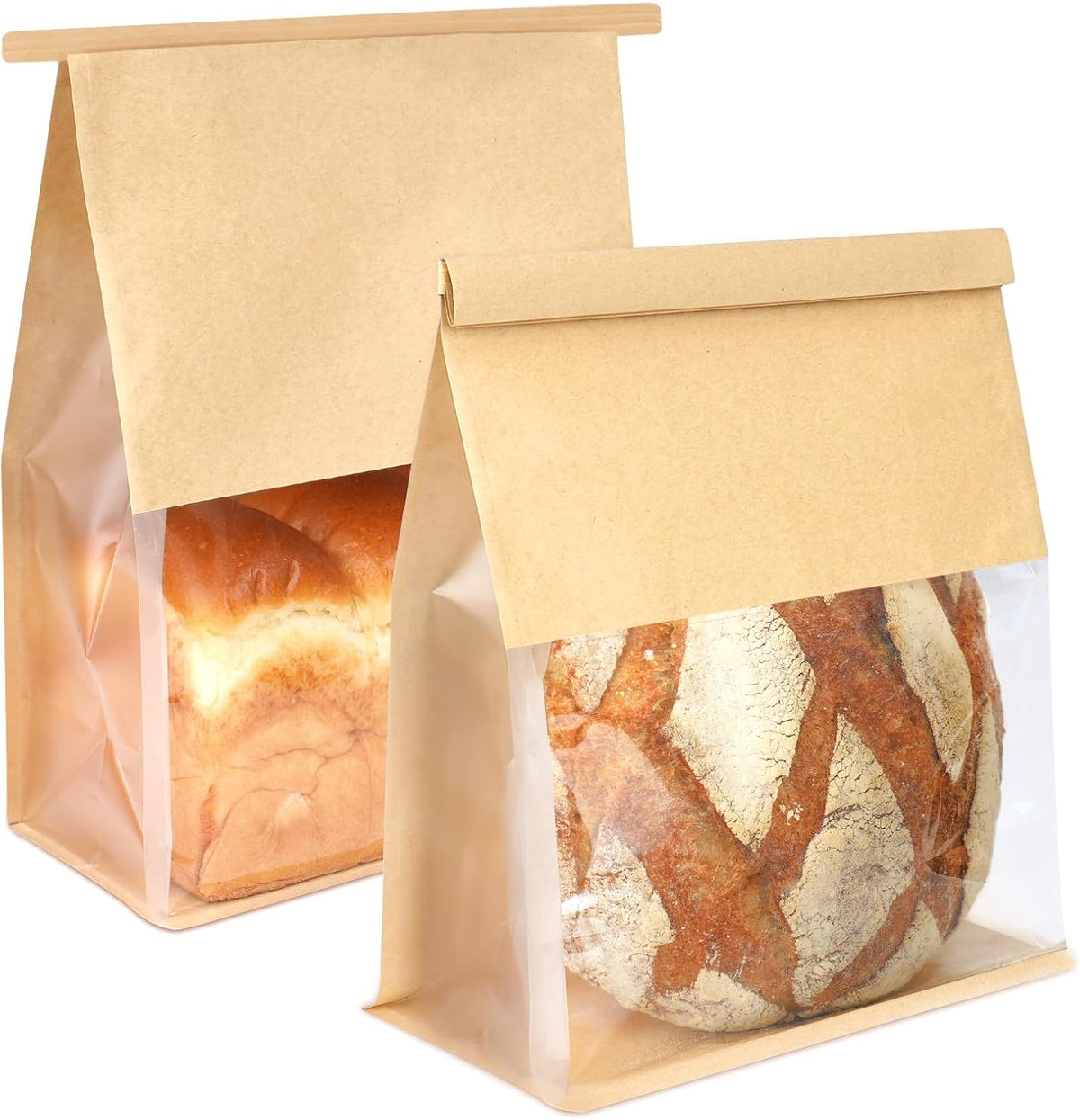 100 Pack Bread Bags for Homemade Sourdough Bread, 8.7x4.3x11 Inches Tin Tie Tab Lock Large Bakery Bag with Window Kraft Paper Loaf Packaging Bags for Gifting & Bake Sale