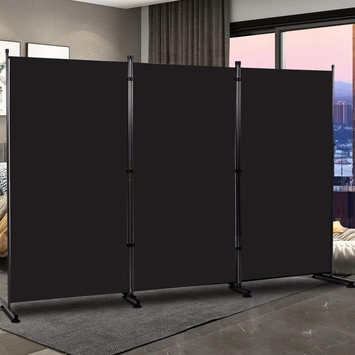Room Divider 6FT Folding Privacy Screens, Partition Room Dividers w/Freestanding Design, Portable Wall Divider for Room Separtation, Fabric Screen Panel for Home Office Dorm (Black, 3 Panel-Round Pad)