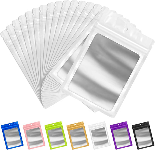 FUNFERY Mylar Resealable Bags Foil Packaging Bags with Clear Window,Zipper Pouch Smell Proof Bag for Food Storage,Cookies,Sample,Small Business,98 Pack(White,2.4x3.9inch)