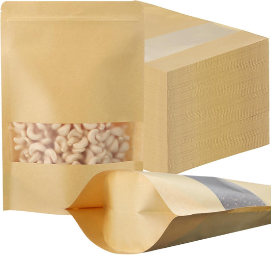 Geosar 300 Pcs Kraft Bags with Window 8 x 12 Inch Stand Kraft Pouches Bulk Zipper Paper Pouches Food Storage Reusable Heat Sealable Bags for Packaging Home Business