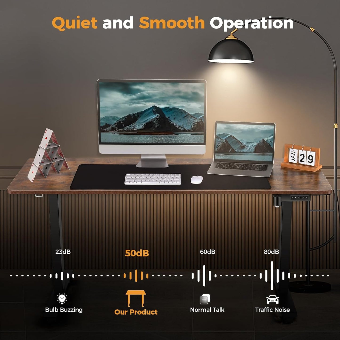 Electric Standing Desk 55 x 24 Inches Adjustable Height Ergonomic Sit Stand Up Desk Curved for Home Office Computer Workstation with 2 USB Ports 3 Power Outlets Memory Preset Wheels, Brown