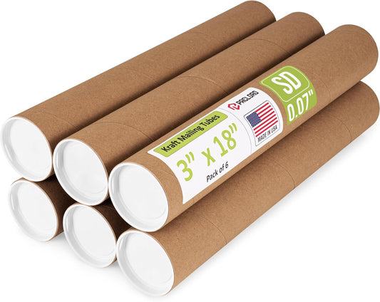3" x 18" Reinforced Kraft Paper Mailing Tube, Pack of 6 Tubes with 12 Caps – Secure USPS Approved Poster Tube – Cardboard Tube for Shipping and Storing Posters, Prints, Artwork, or Document