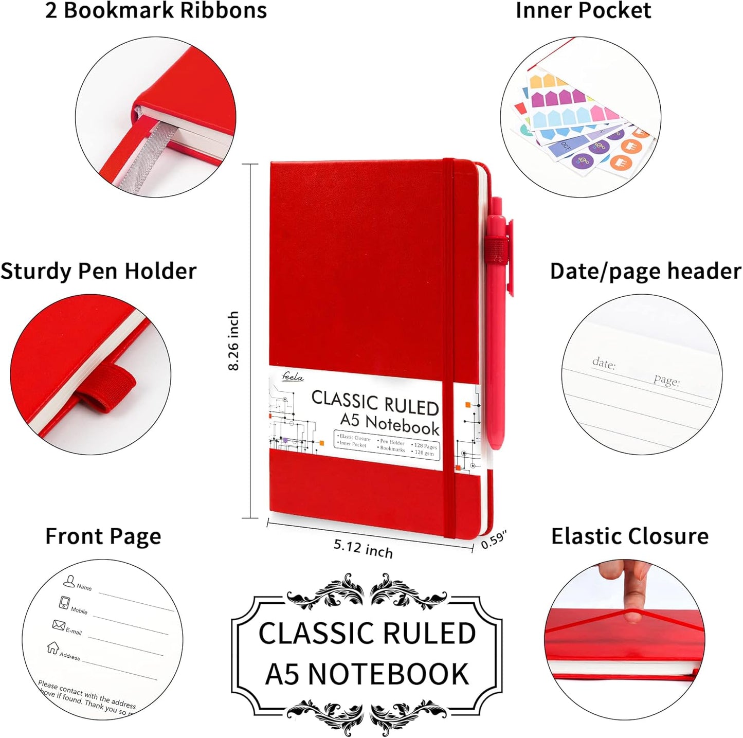 feela 5 Pack Journal Notebook Bulk for School, Hardcover Business Notebooks Classic Ruled Lined Journals with Pen Holder for Work Note Taking, with 5 Black Pens, 120 GSM, 5.1”x8.3”, A5, Red