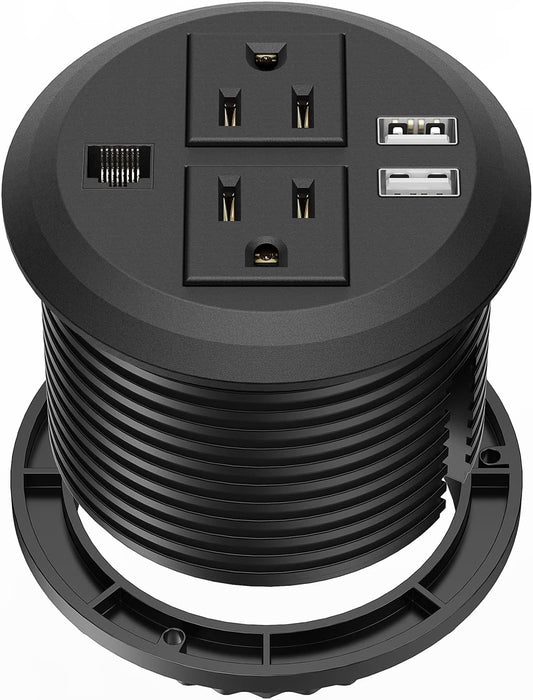 Desktop Power Grommet 3 inch, Desk Power Outlet Socket Recessed Power Strip with 2 AC Outlet & 2 USB Ports for Computer, Table, Kitchen, Office
