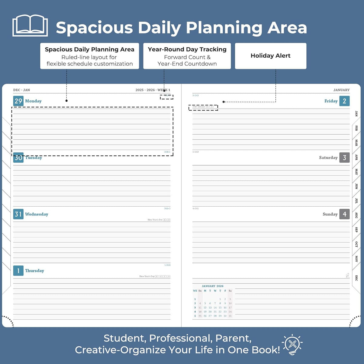 IN-LUXPRO Weekly Monthly 2026 Planner (Jan.26-Dec.26),8.5"x6.5",12 Months Agenda Plan with Month Tabs & Pocket,Expenses/Note Pages, Appointment Book Calendar with Hardcover Vegan Leather Cover,Blue