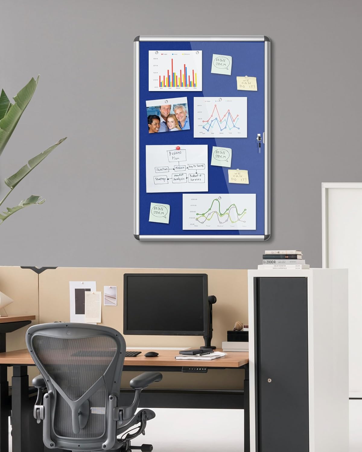 36"x24" Enclosed Bulletin Board, Lockable Weather-Resistant Aluminum Cork Noticeboard for School & Office, Silver Frame w/Blue Flet