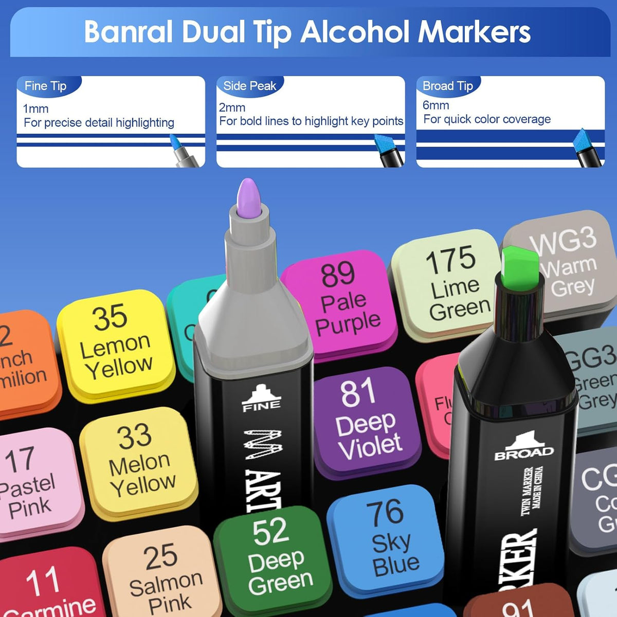 Banral 24 Colors Alcohol Markers Set, Dual Tip Alcohol Based Art Marker for Artists Kids Adult Coloring, Permanent Illustration Sketch Pens for Drawing