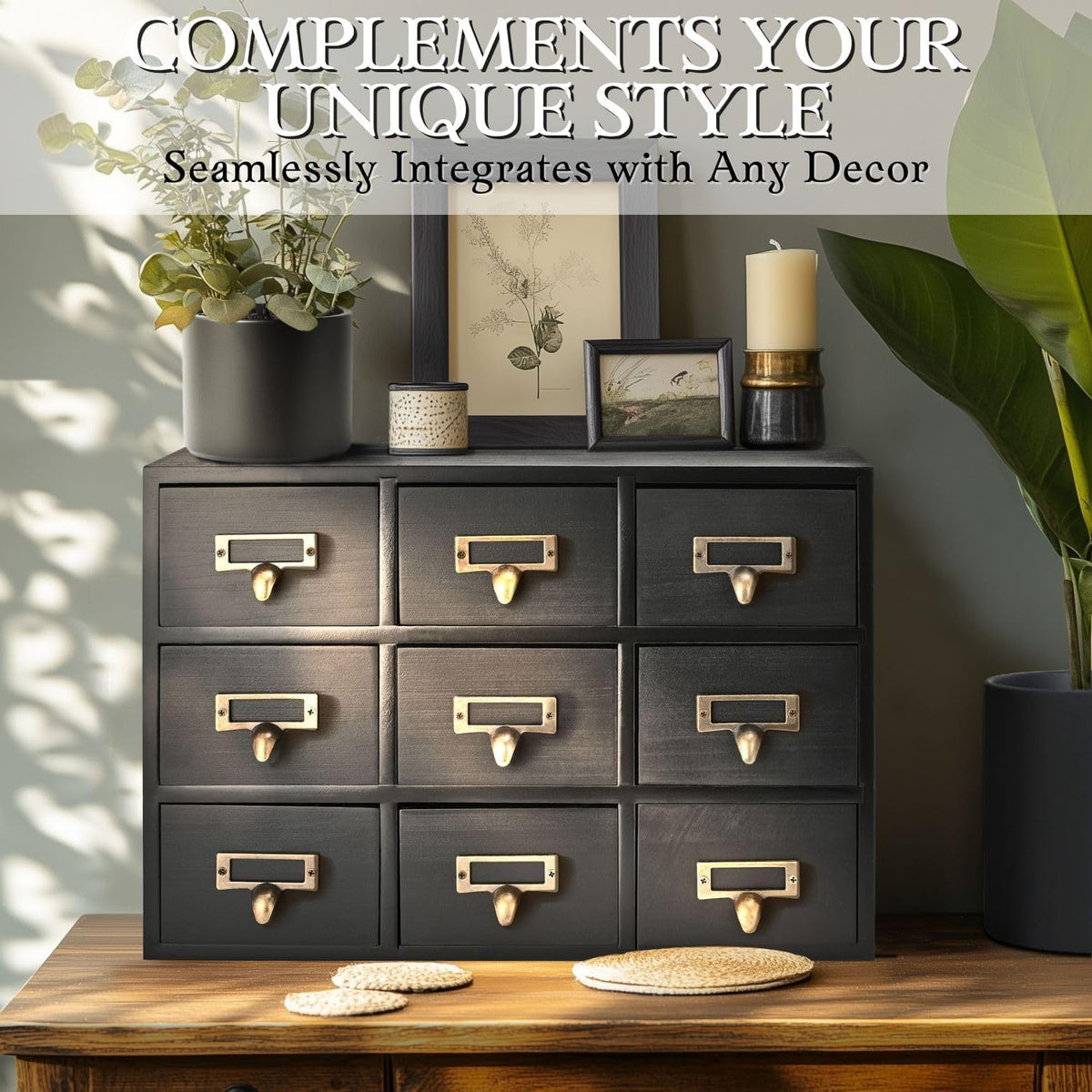 Flexzion Apothecary Cabinet with Drawers - 9 Vintage Apothecary Drawers Desktop Organizer for Home & Office - Wooden Tabletop Library Card Catalog Cabinet Storage for Jewelry, Makeup & Tools, Black