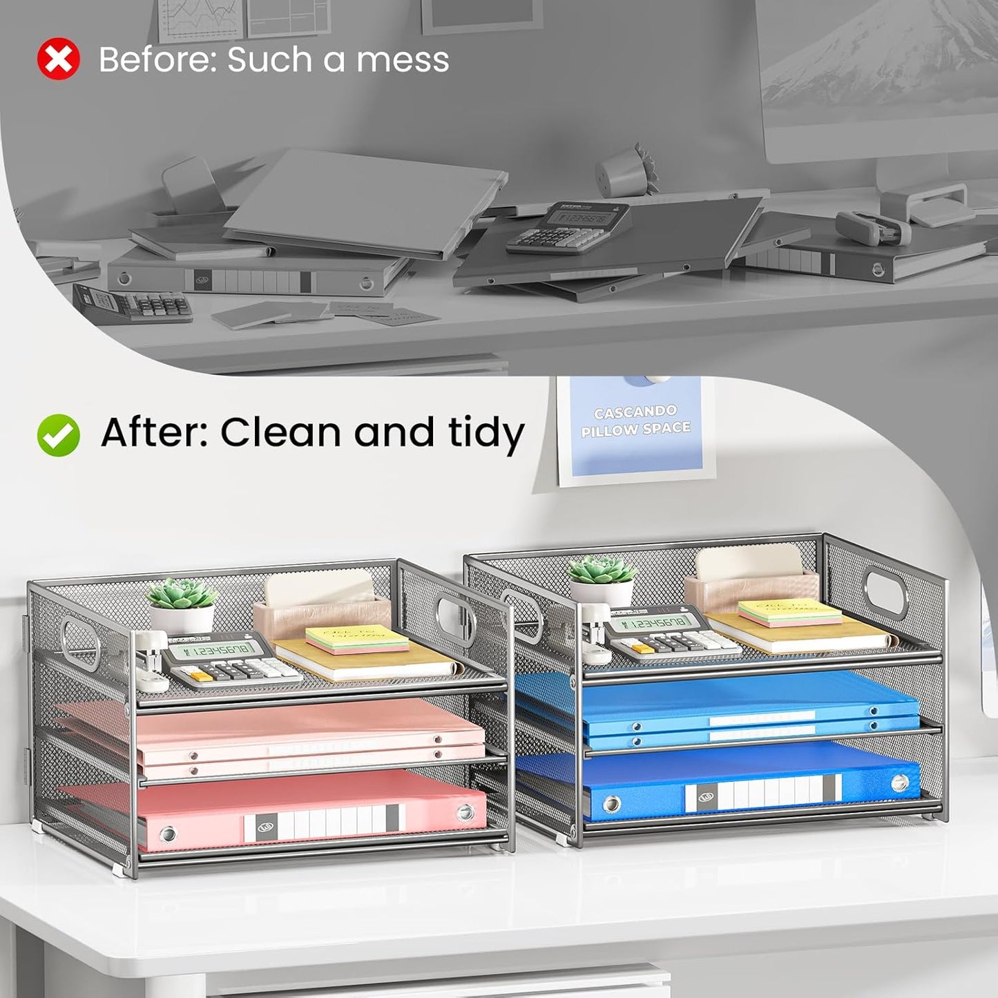 Subekyu 2-Pack 3-Tier Silver Metal Mesh Desk Paper Letter Tray & File Sorter Organizer with Handle + 1 Sliding Tray for Desk, Home, Office, School Supplies, A4 Paper and Accessories Storage