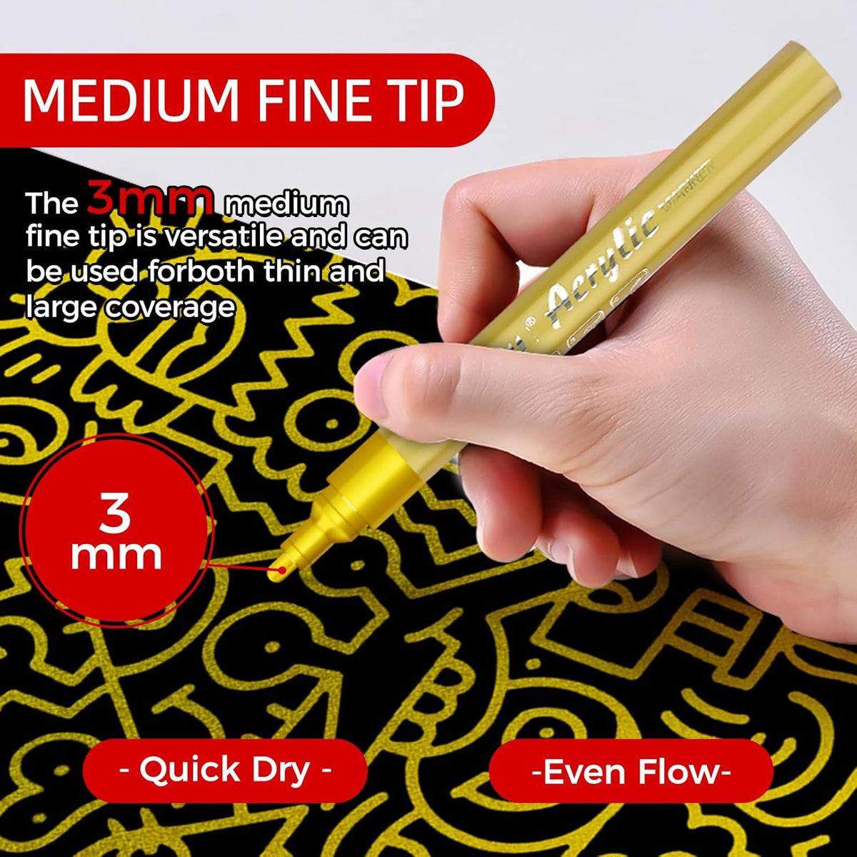 SFAIH Gold Paint Markers Pens - 4 Pack 2-3MM Medium Tip Metallic Acrylic Markers for Poster Board, Wood Signs, Glass Jars, DIY Home Decor