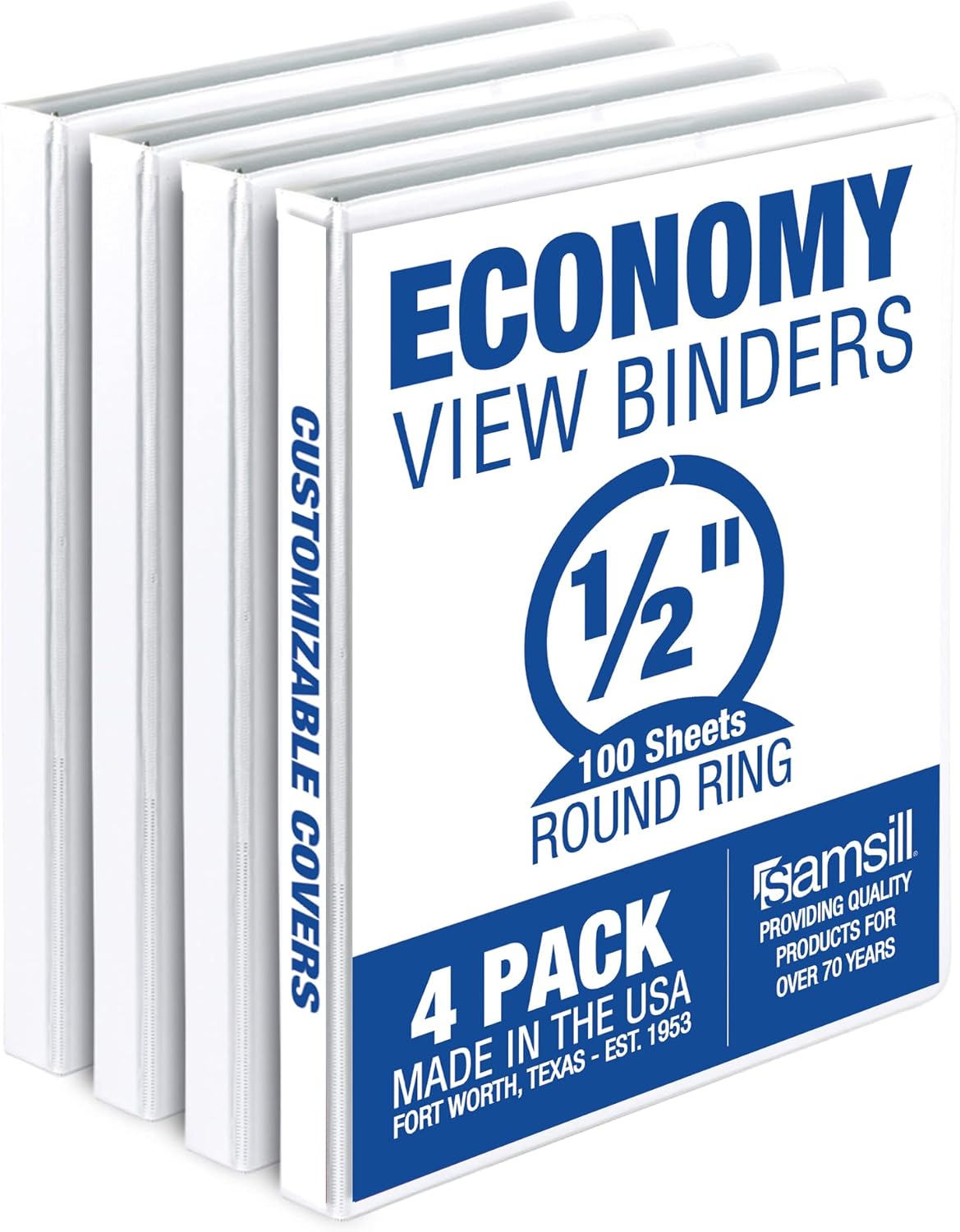 Samsill 0.5 Inch 3 Ring Binder, Made in USA, Economy Round Ring, Clear View Cover, 100 Sheet Capacity - for School, Home, Office - White, 4 Pack