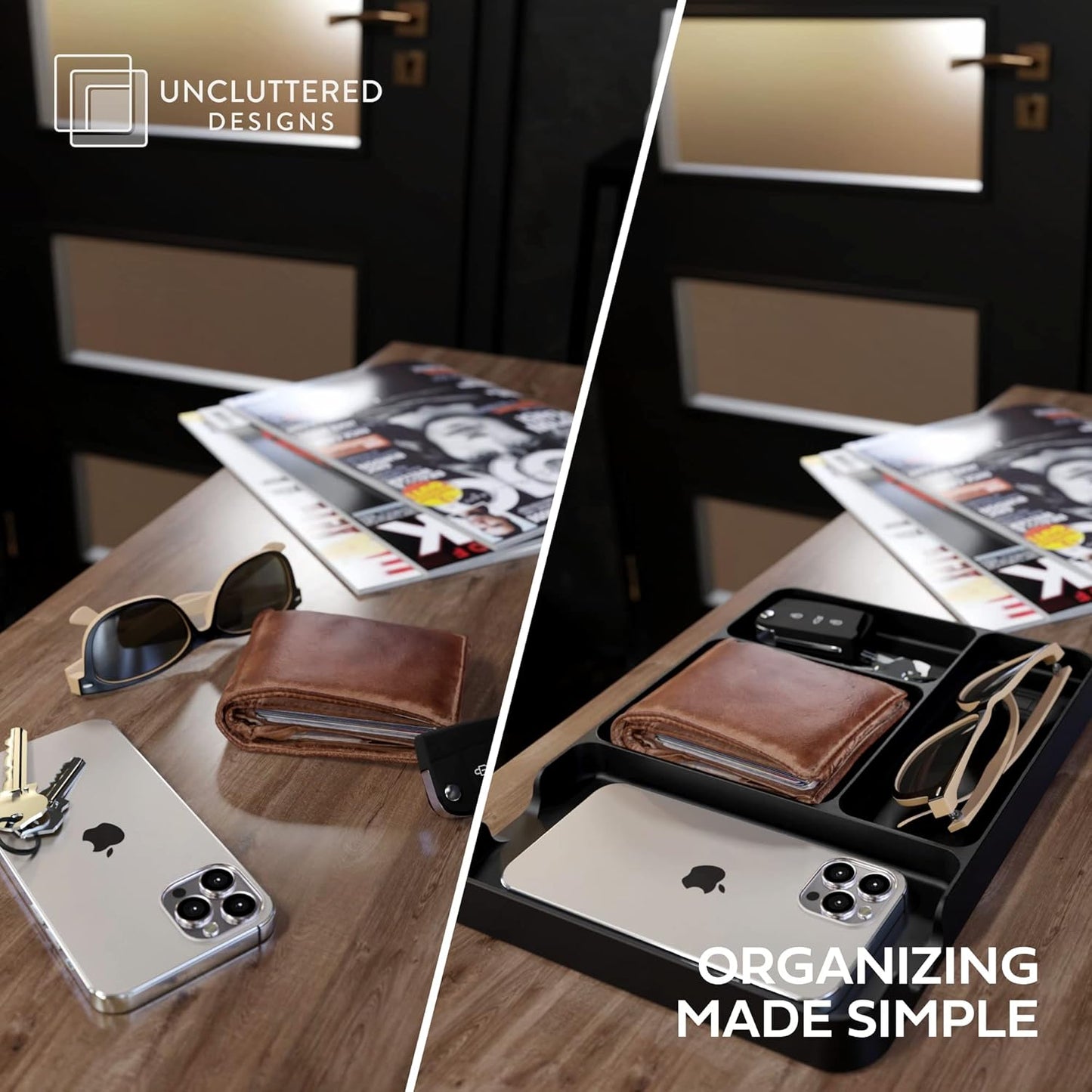 Pocket Deck Valet Tray (Black) for Men. Everyday Carry EDC Caddy Bamboo Organizer. Perfect for Night Stand, Bedside, Dresser, Desk, Office, Bedroom. with Phone Charger. Storage Slots for Wallet, Keys