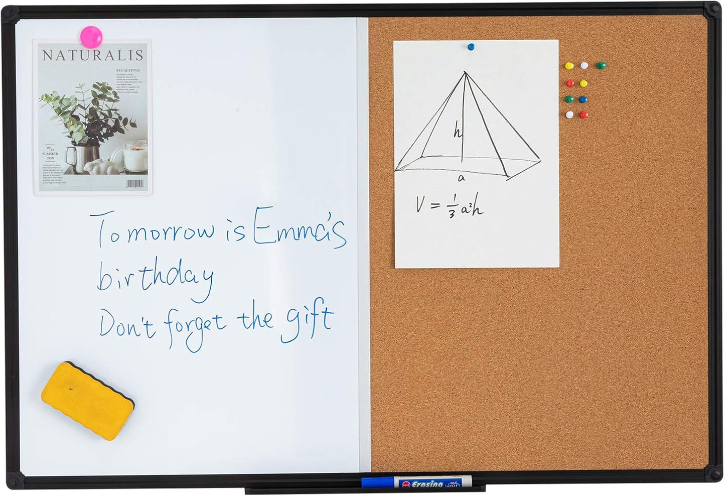 48 x 36 Inch Magnetic Whiteboard and Cork Combo Board, Wall Mounted Half Dry Erase Board & Cork Board Combination Board, Black Aluminum Frame