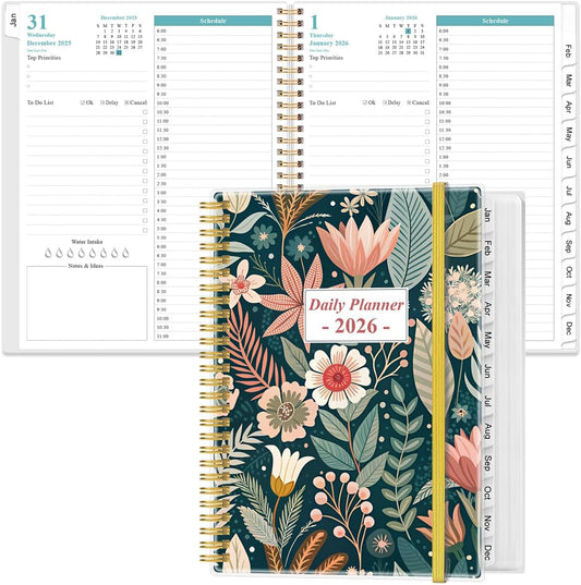 2026 Daily & Monthly Planner - One Page Per Day, Daily Planner from January 2026 - December 2026, Planner 2026 with 12 Monthly Tabs, 8.5" x 11", Flower-A