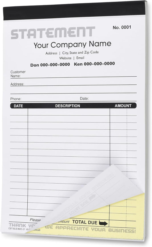 Generic Custom Statement - Personalized Duplicate Carbonless Form with Your Company Name - 2 Books (100 Sets) Numbered