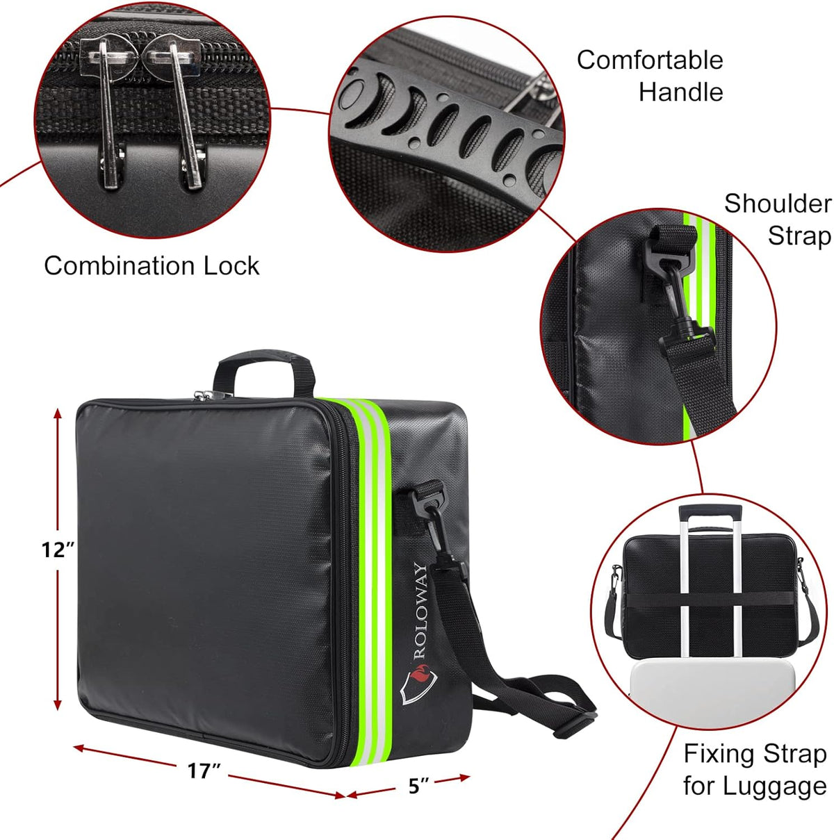 ROLOWAY Fireproof Document Bag with Lock & Reflective Strip (17 x 11.8 x 5 inch), Important Document Storage Bag with Multi-Layer File Organizers (Black)
