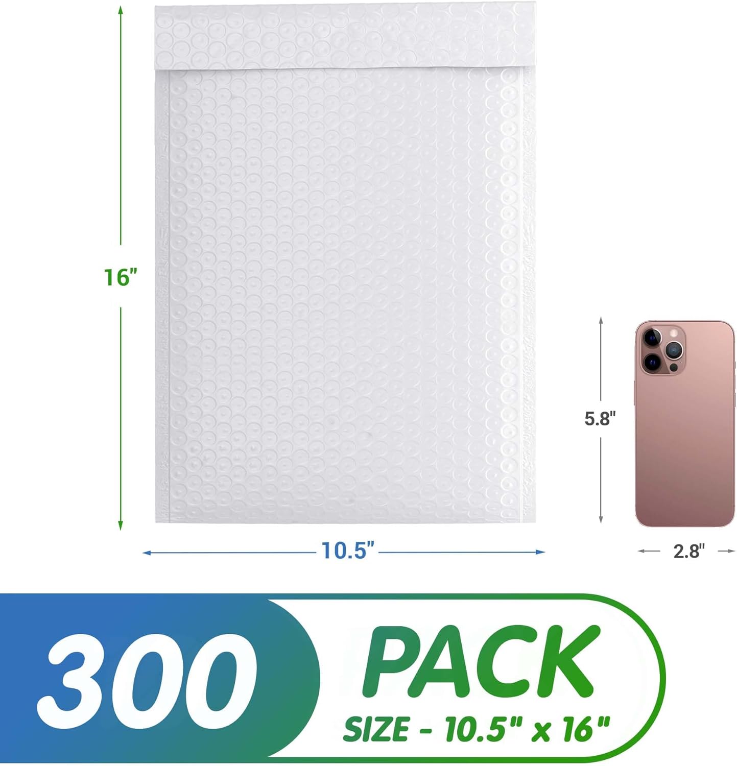 White Poly Bubble Mailers Self Seal, 10.5 x 16 Inch. Pack of 300 Bubble Packaging Envelopes for Shipping. Durable Padded Envelopes Waterproof. Self Seal Padded Mailers. Shipping Packages