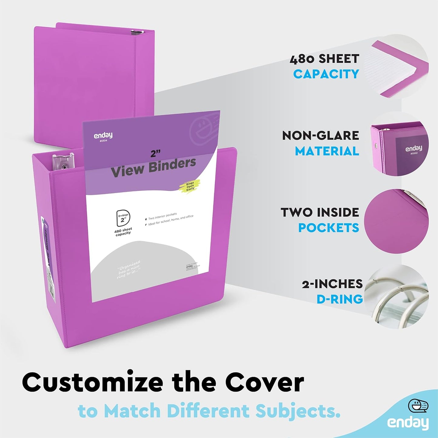 3 Slant D-Ring Binder 2 Inch Binder Purple, 2 in Clear View Cover w/ 2 Inside Pockets, Heavy Duty Colored School Supplies Binders Also Available in Blue, Pink, Red, Green, Grey (12 PC)–by Enday