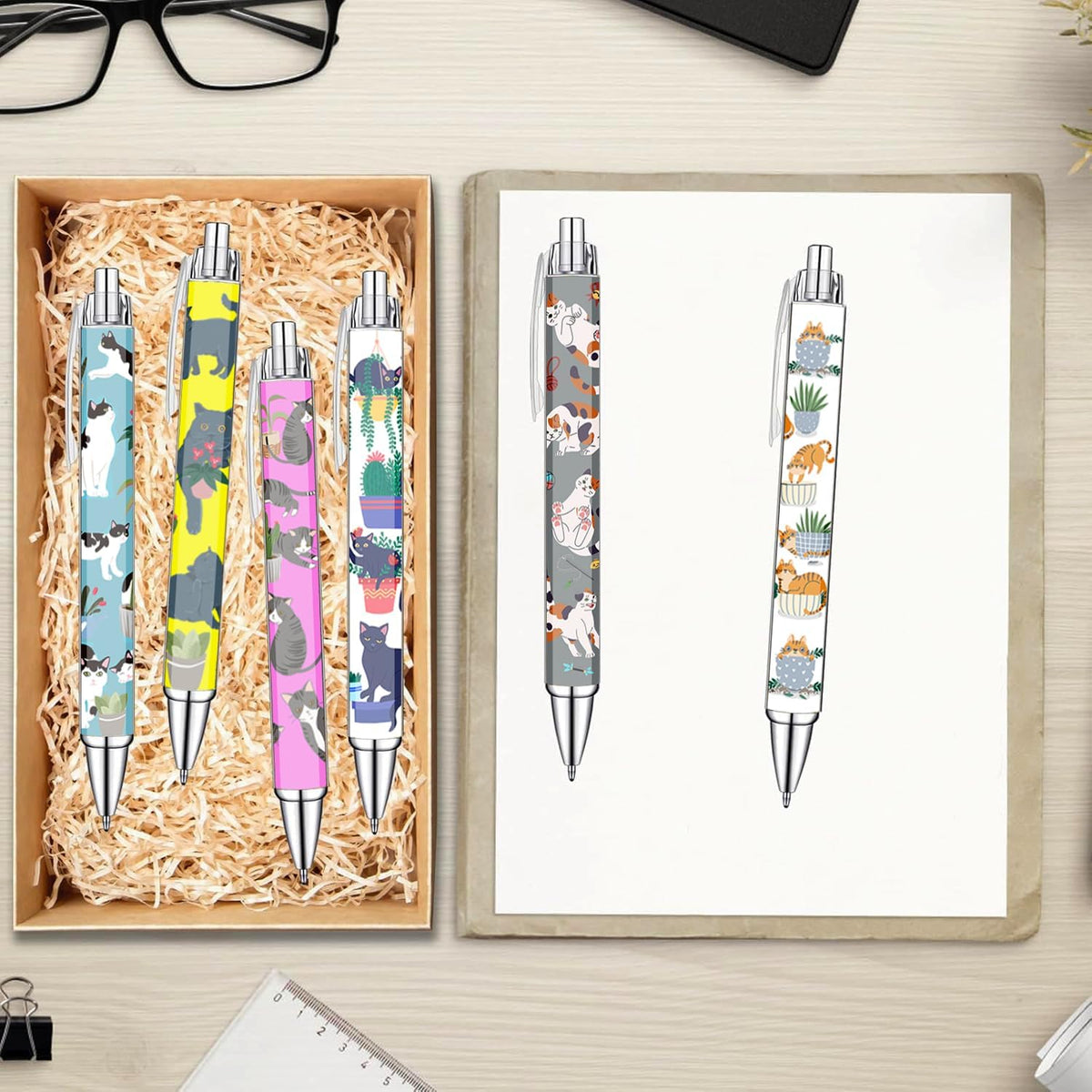 Idealmuzik 6 Cat Pens for Cat Lovers,Cute Kawaii Funny Cats Kitty Themed Paw Ballpoint Gel Pen, Japanese Stationary Notebook Diary For Women Office Worker Supplies Stuff Decor Desk Accessories Gifts