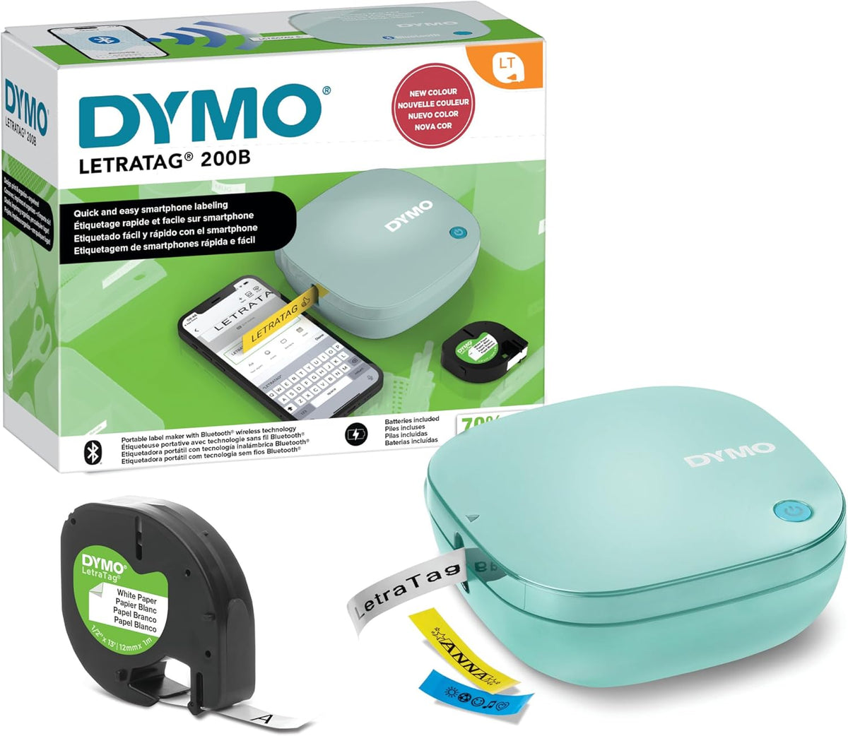 DYMO LetraTag 200B Bluetooth Label Maker | Compact Label Printer | Connects Through Bluetooth Wireless Technology to iOS and Android | Includes 1 White Paper Label Tape | Daydream Blue