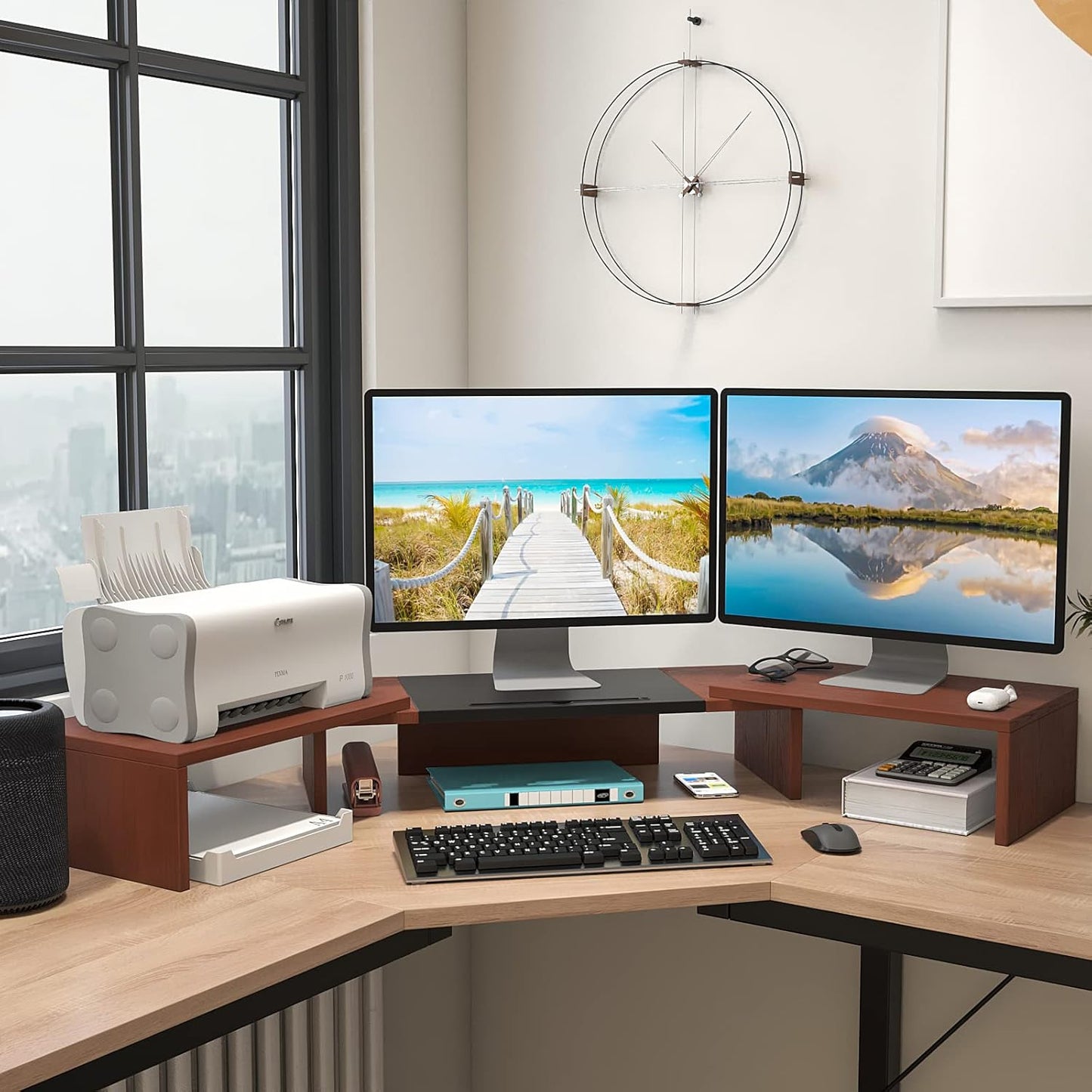 WESTREE Triple Monitor Stand Riser - Extra Long, Adjustable Length & Angle, 3 Shelf Desktop Storage for 1-3 Monitors