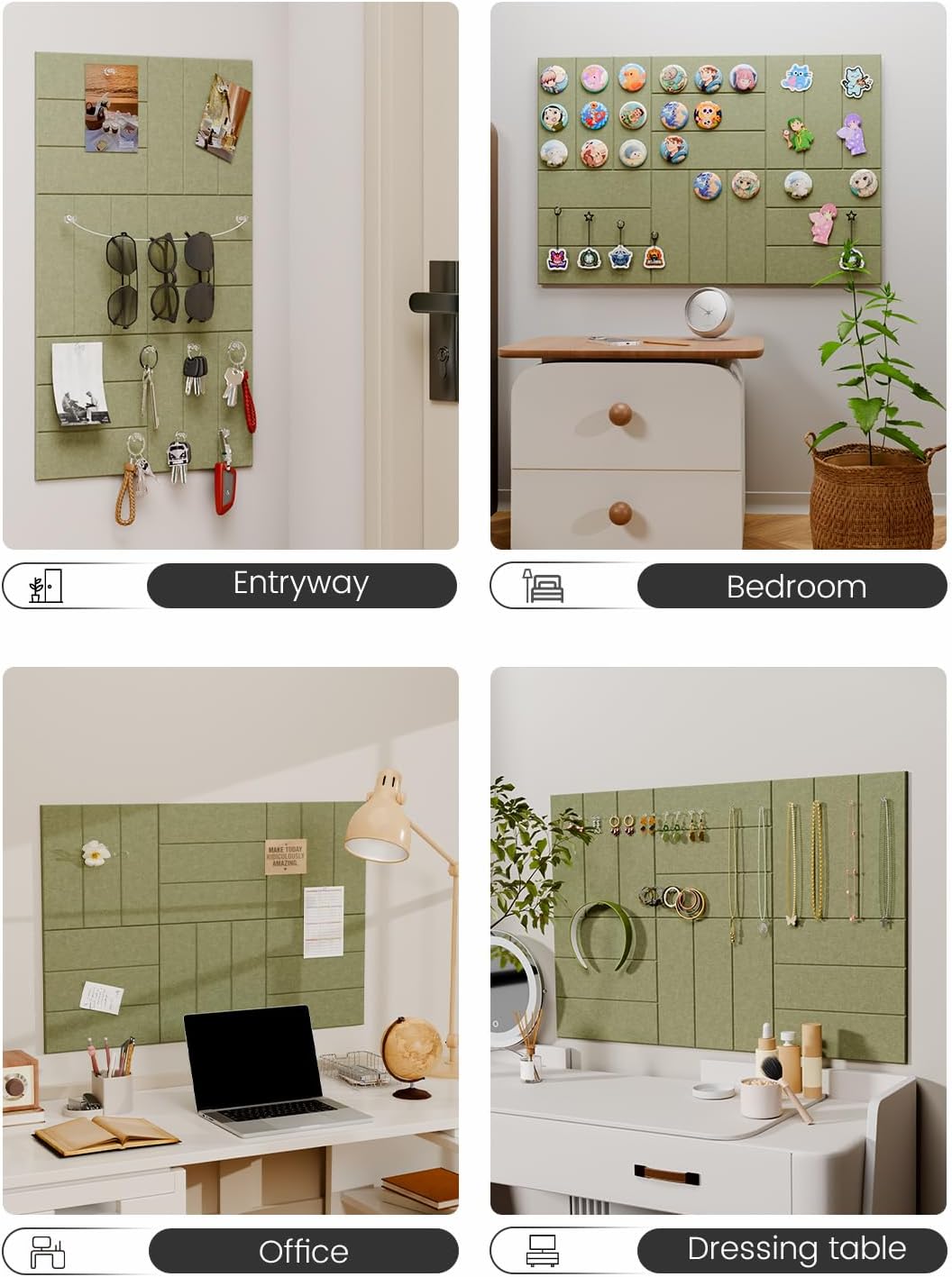 Felt Bulletin Board Tiles -28"x18" with 40 Adhesive Tabs, Cork Board Alternative for Office Decor, Push Pin Board Wall Organizer 6-Pack(Olive Green)